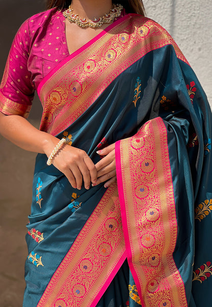 Denim Blue Soft Silk with Flower Butta Meenakari Zari Woven Saree Banarasi Saree Anant Tex Exports Pvt.Ltd..