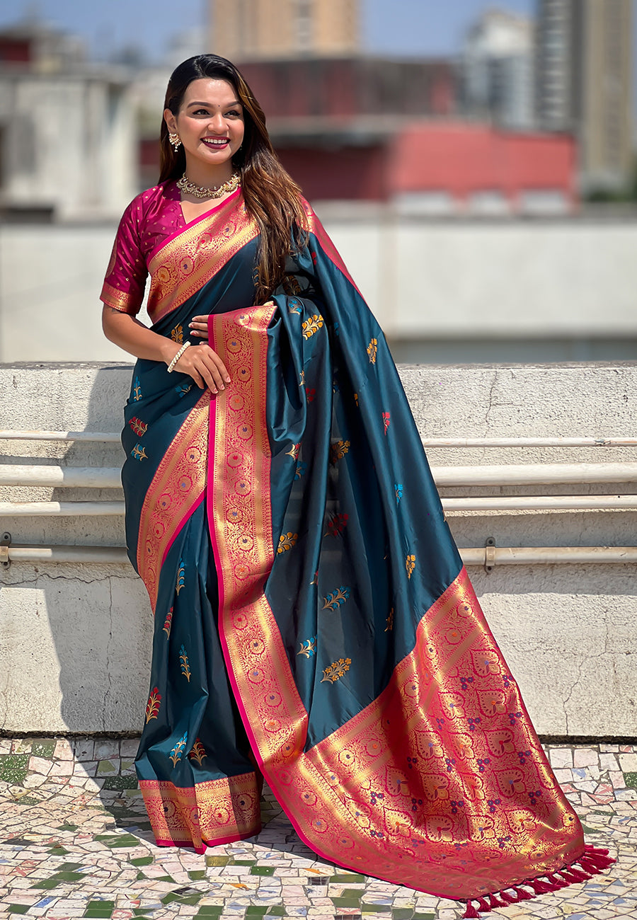 Denim Blue Soft Silk with Flower Butta Meenakari Zari Woven Saree