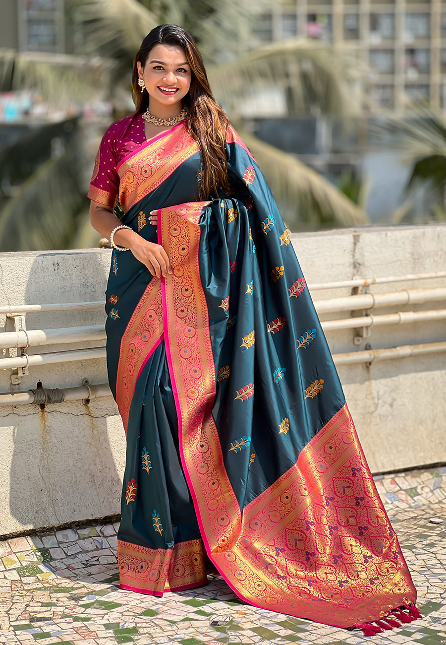 Denim Blue Soft Silk with Flower Butta Meenakari Zari Woven Saree Banarasi Saree Anant Tex Exports Pvt.Ltd..