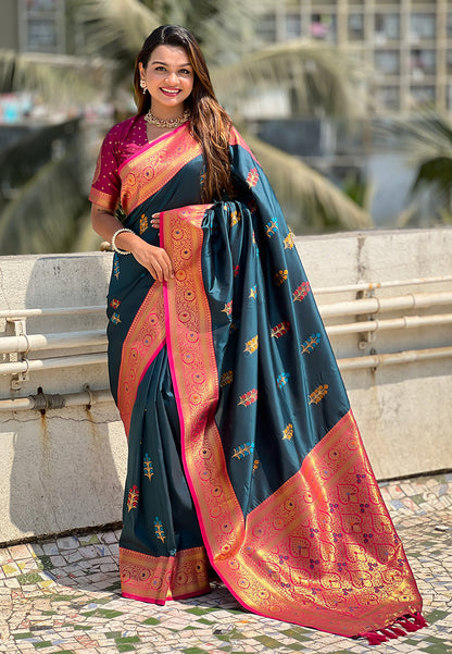 Denim Blue Soft Silk with Flower Butta Meenakari Zari Woven Saree Banarasi Saree Anant Tex Exports Pvt.Ltd..