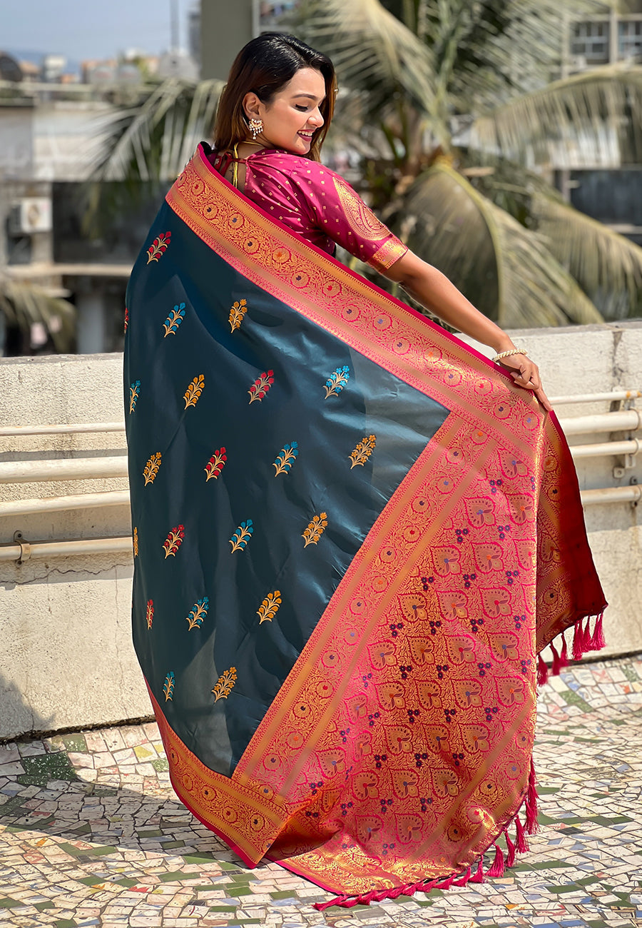 Denim Blue Soft Silk with Flower Butta Meenakari Zari Woven Saree