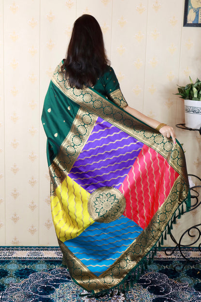 Bottle Green Soft Silk Banarasi Multicolor Pallu Zari Woven Saree