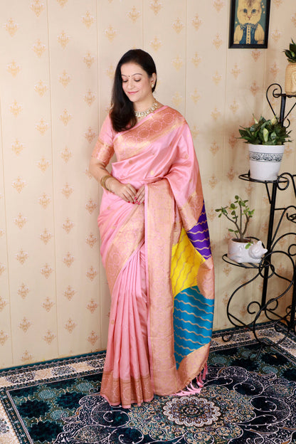Baby Pink Soft Silk Banarasi Multicolor Pallu Zari Woven Saree