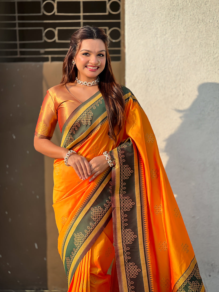 Orange Soft Silk Traditional Zari Contrast Soft Silk Saree Banarasi Saree Anant Tex Exports Pvt.Ltd..