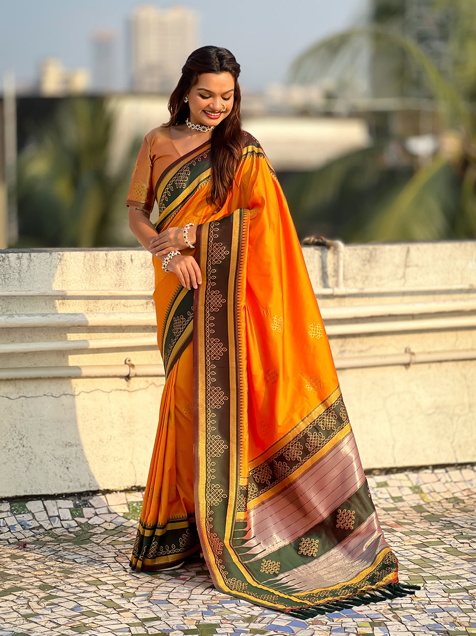 Orange Soft Silk Traditional Zari Contrast Soft Silk Saree Banarasi Saree Anant Tex Exports Pvt.Ltd..