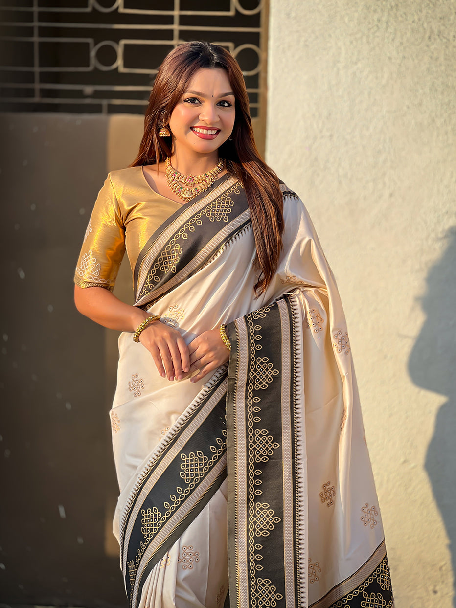 Cream Soft Silk Traditional Zari Contrast Soft Silk Saree Banarasi Saree Anant Tex Exports Pvt.Ltd..