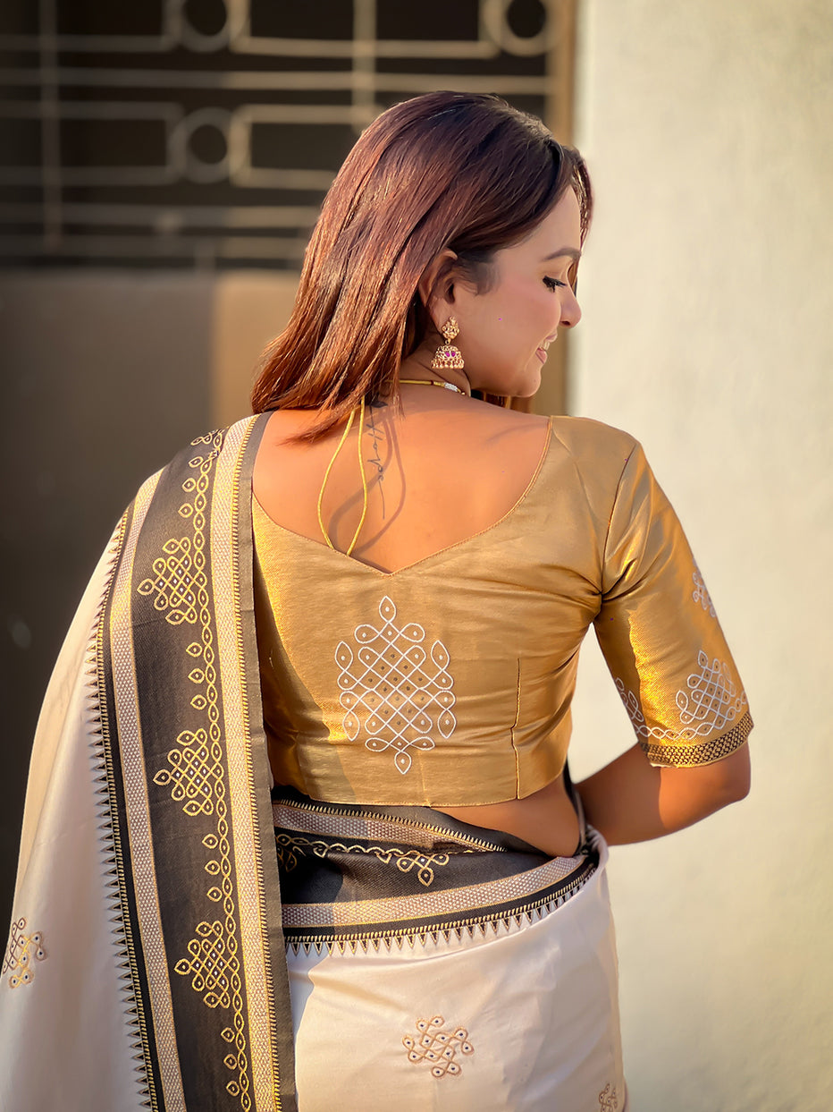 Cream Soft Silk Traditional Zari Contrast Soft Silk Saree Banarasi Saree Anant Tex Exports Pvt.Ltd..