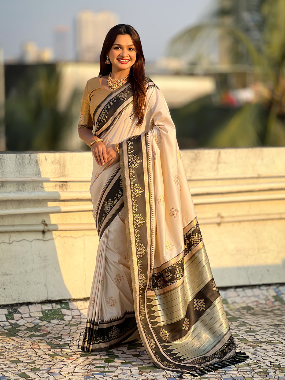 Cream Soft Silk Traditional Zari Contrast Soft Silk Saree Banarasi Saree Anant Tex Exports Pvt.Ltd..