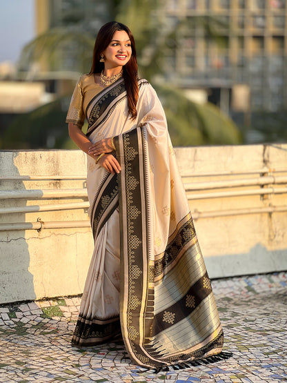 Cream Soft Silk Traditional Zari Contrast Soft Silk Saree Banarasi Saree Anant Tex Exports Pvt.Ltd..
