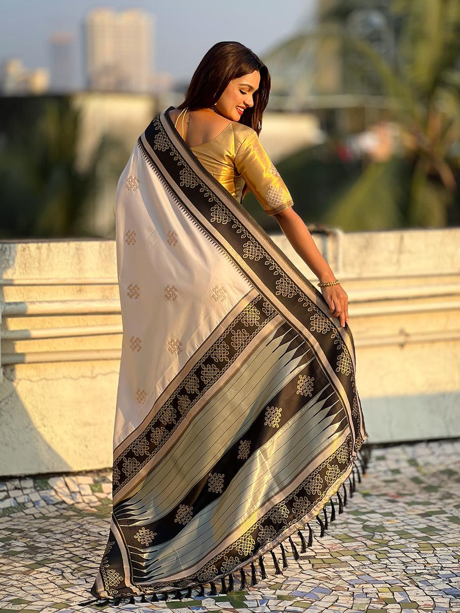 Cream Soft Silk Traditional Zari Contrast Soft Silk Saree Banarasi Saree Anant Tex Exports Pvt.Ltd..