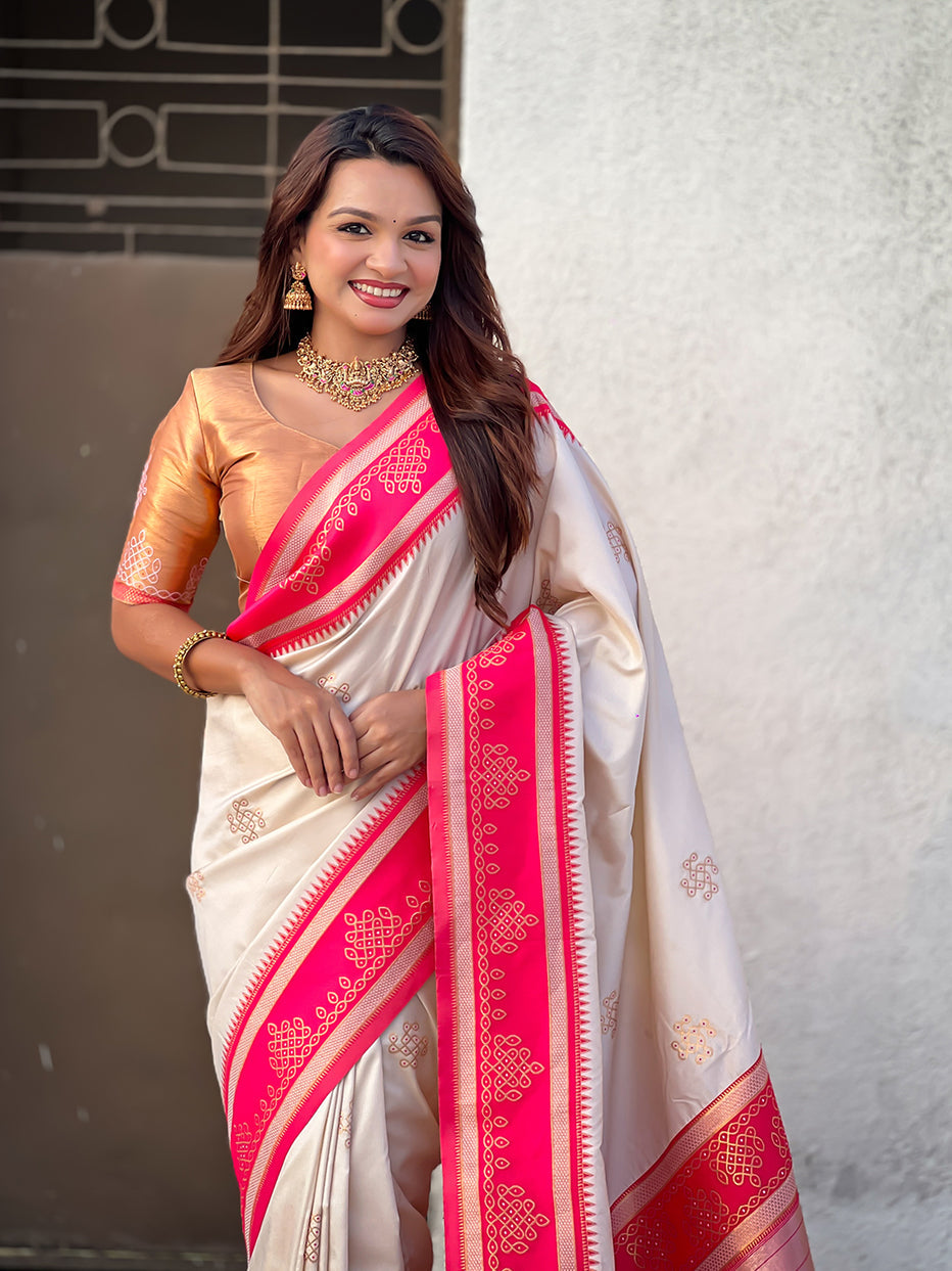 Cream Soft Silk Traditional Zari Contrast Soft Silk Saree Banarasi Saree Anant Tex Exports Pvt.Ltd..