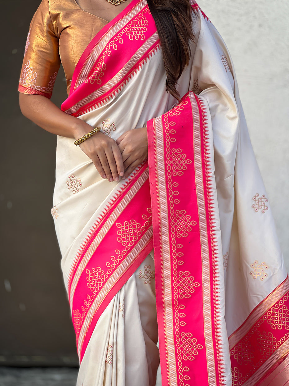 Cream Soft Silk Traditional Zari Contrast Soft Silk Saree Banarasi Saree Anant Tex Exports Pvt.Ltd..