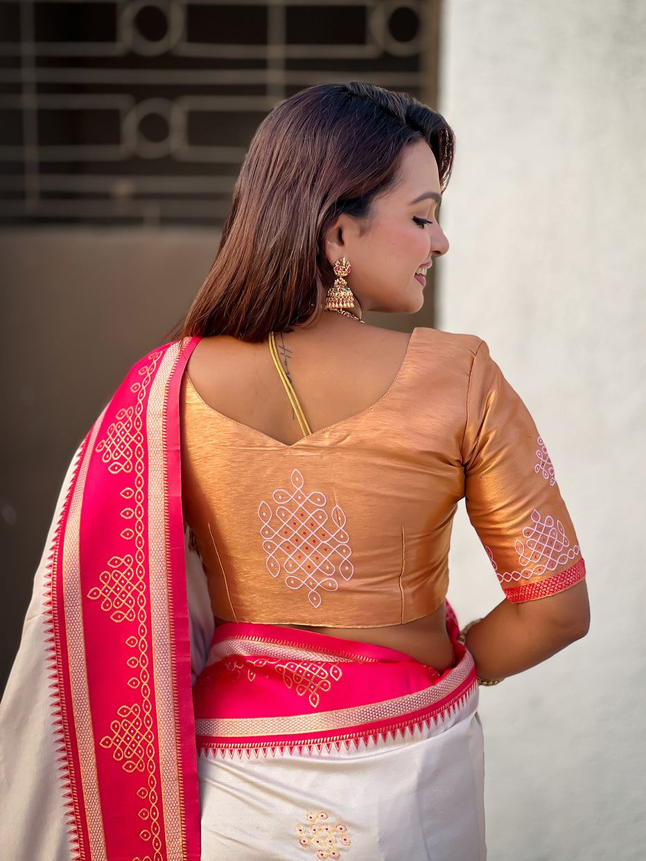 Cream Soft Silk Traditional Zari Contrast Soft Silk Saree Banarasi Saree Anant Tex Exports Pvt.Ltd..