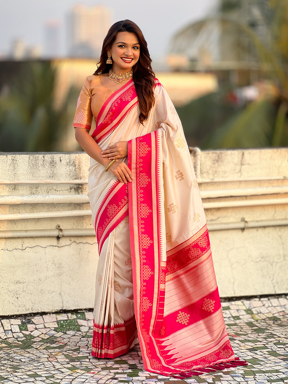 Cream Soft Silk Traditional Zari Contrast Soft Silk Saree Banarasi Saree Anant Tex Exports Pvt.Ltd..