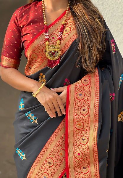 Black Soft Silk with Flower Butta Meenakari Zari Woven Saree Banarasi Saree Anant Tex Exports Pvt.Ltd..