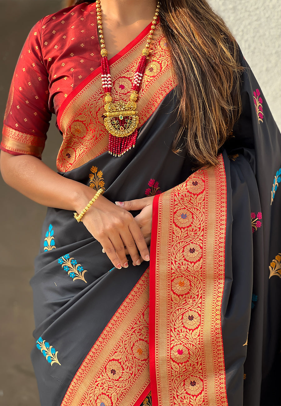 Black Soft Silk with Flower Butta Meenakari Zari Woven Saree