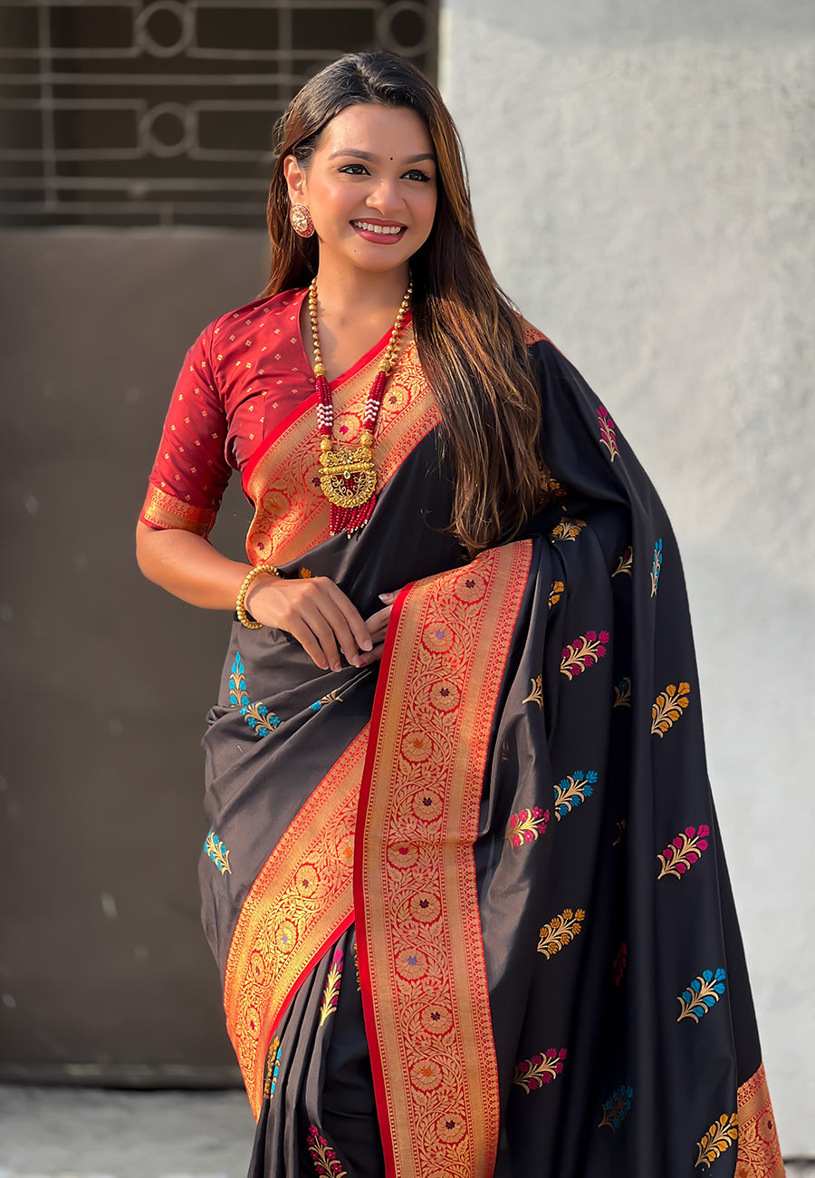 Black Soft Silk with Flower Butta Meenakari Zari Woven Saree Banarasi Saree Anant Tex Exports Pvt.Ltd..