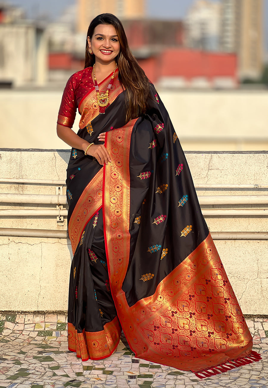 Black Soft Silk with Flower Butta Meenakari Zari Woven Saree Banarasi Saree Anant Tex Exports Pvt.Ltd..