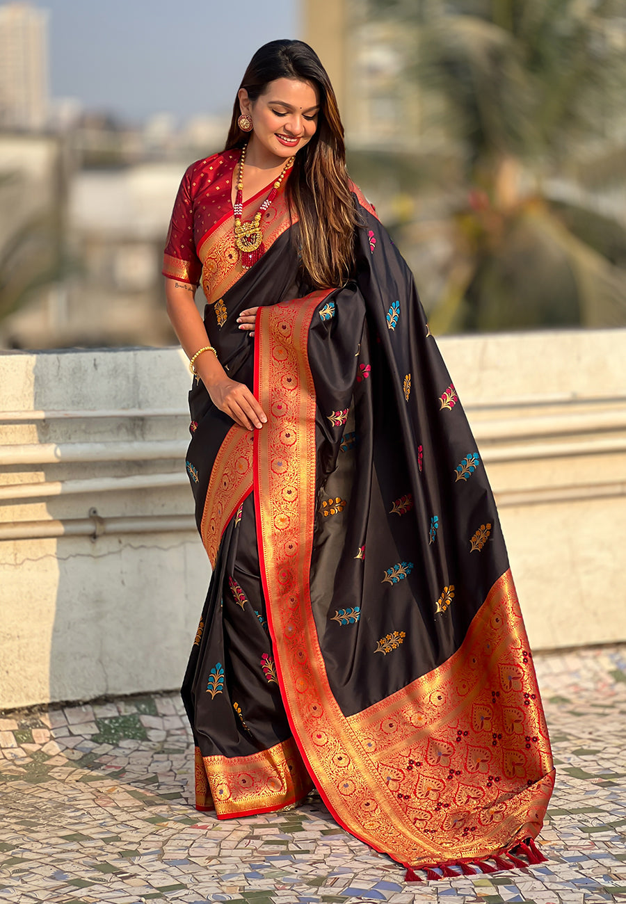 Black Soft Silk with Flower Butta Meenakari Zari Woven Saree