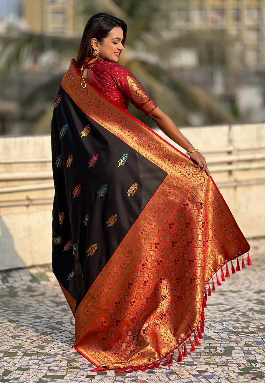 Black Soft Silk with Flower Butta Meenakari Zari Woven Saree Banarasi Saree Anant Tex Exports Pvt.Ltd..