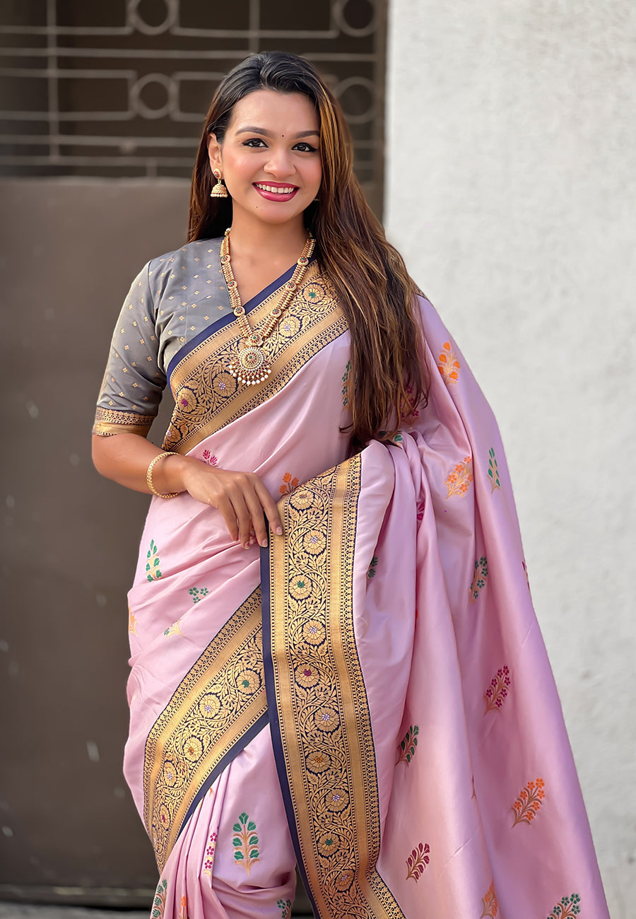 Lavender Soft Silk with Flower Butta Meenakari Zari Woven Saree