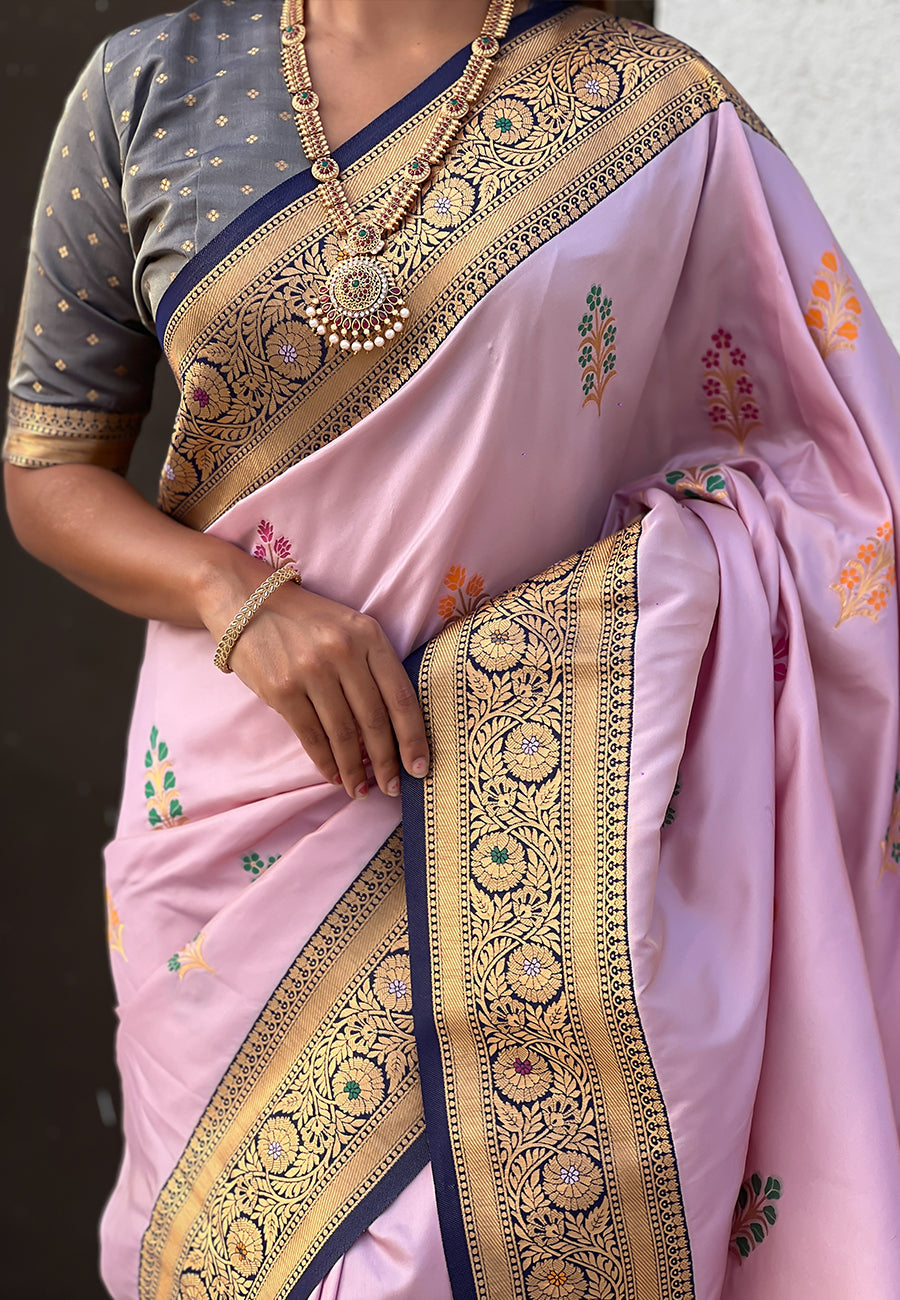 Lavender Soft Silk with Flower Butta Meenakari Zari Woven Saree