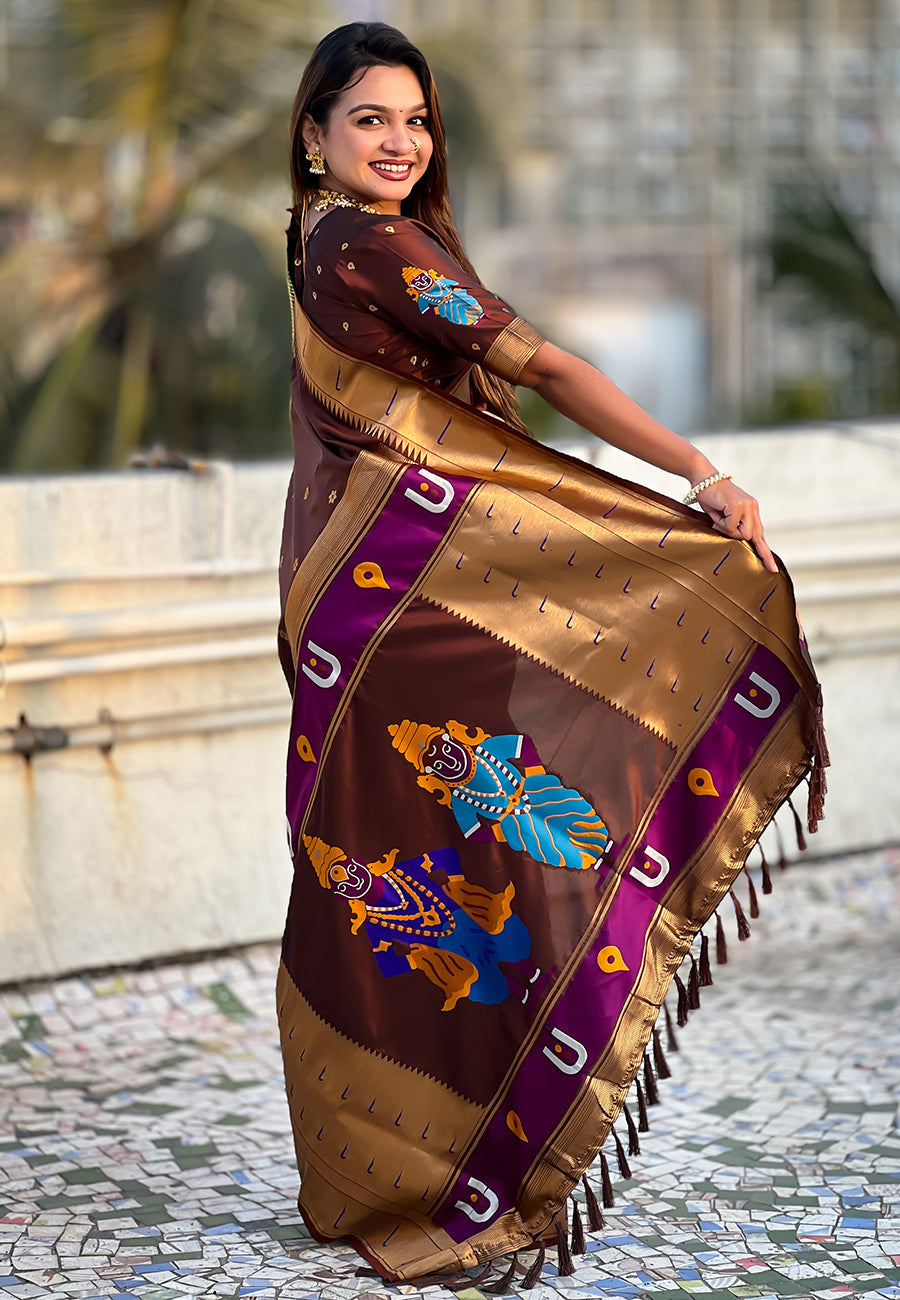 Coffee Zari Woven Vitthala God Special Paithani Silk Saree Banarasi Silk Saree Anant Tex Exports Pvt.Ltd..