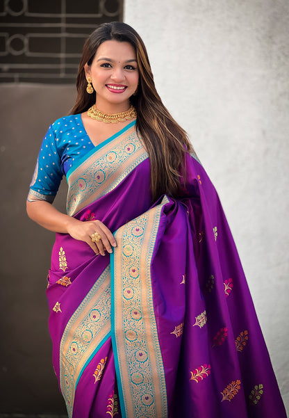 Wine Soft Silk with Flower Butta Meenakari Zari Woven Saree Banarasi Saree Anant Tex Exports Pvt.Ltd..