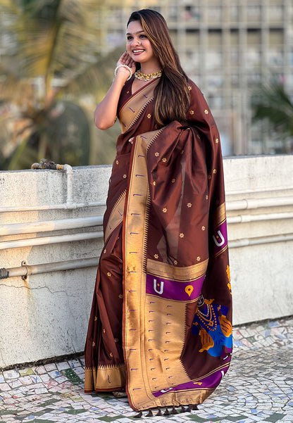 Coffee Zari Woven Vitthala God Special Paithani Silk Saree Banarasi Silk Saree Anant Tex Exports Pvt.Ltd..