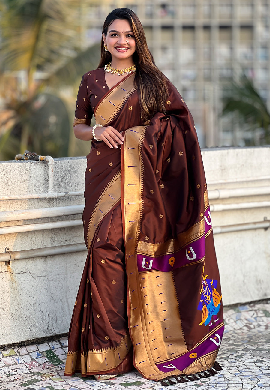 Coffee Zari Woven Vitthala God Special Paithani Silk Saree Banarasi Silk Saree Anant Tex Exports Pvt.Ltd..