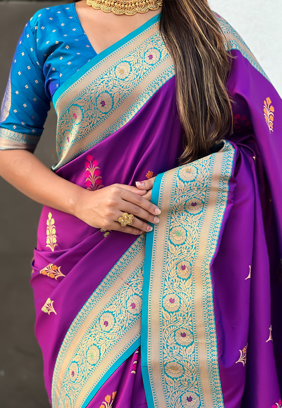 Wine Soft Silk with Flower Butta Meenakari Zari Woven Saree Banarasi Saree Anant Tex Exports Pvt.Ltd..