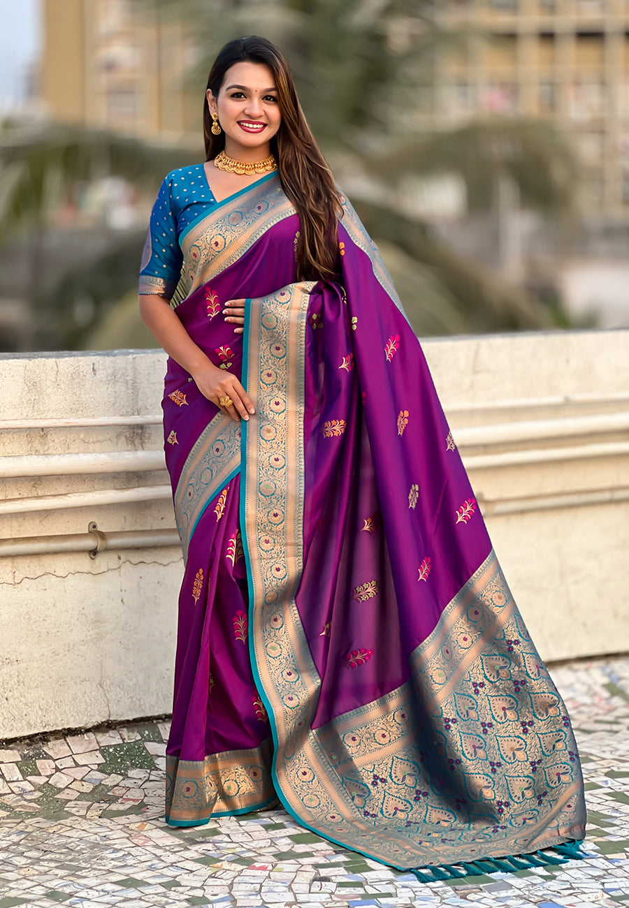 Wine Soft Silk with Flower Butta Meenakari Zari Woven Saree Banarasi Saree Anant Tex Exports Pvt.Ltd..