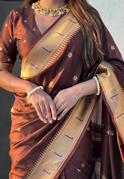 Coffee Zari Woven Vitthala God Special Paithani Silk Saree Banarasi Silk Saree Anant Tex Exports Pvt.Ltd..