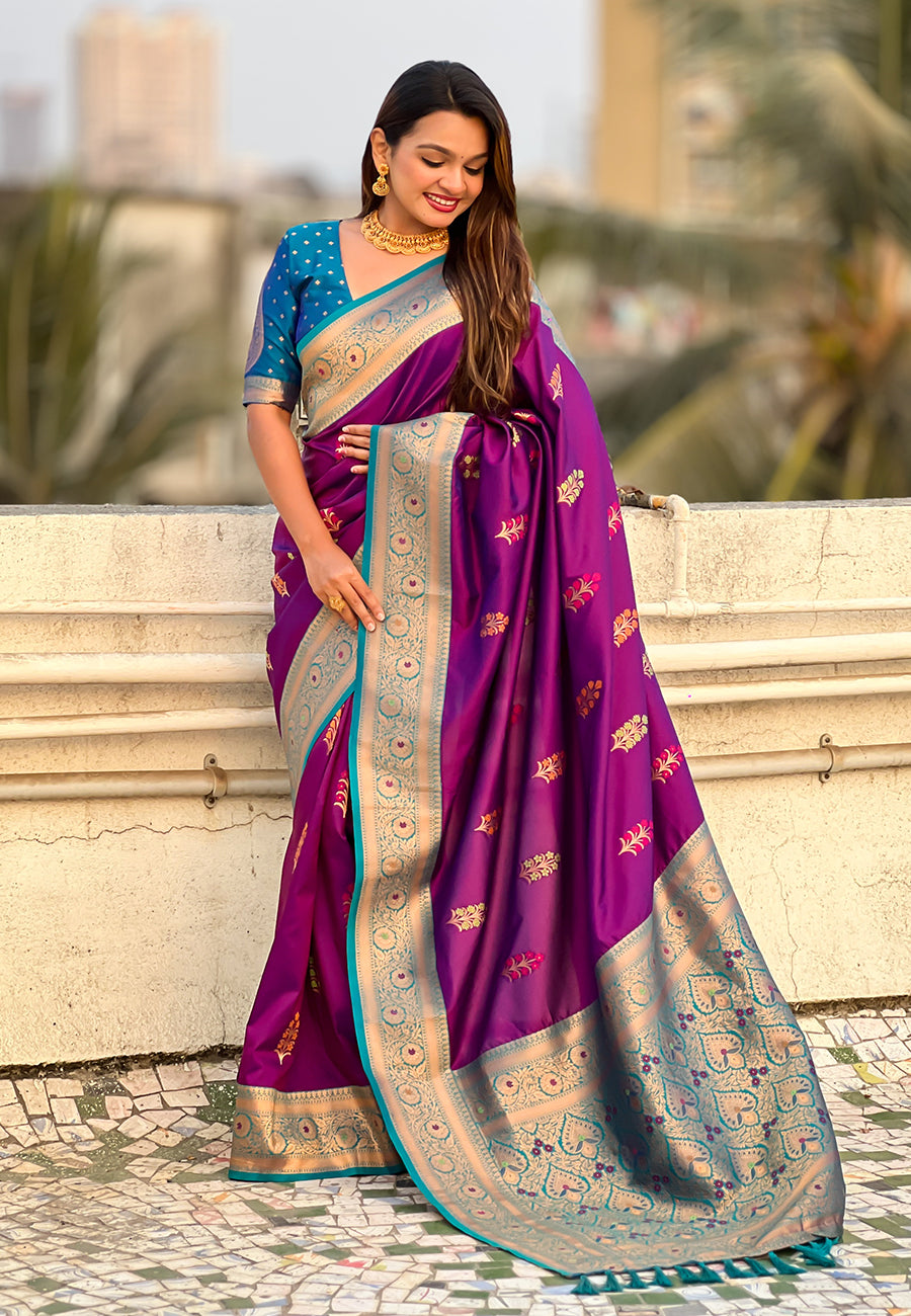 Wine Soft Silk with Flower Butta Meenakari Zari Woven Saree Banarasi Saree Anant Tex Exports Pvt.Ltd..