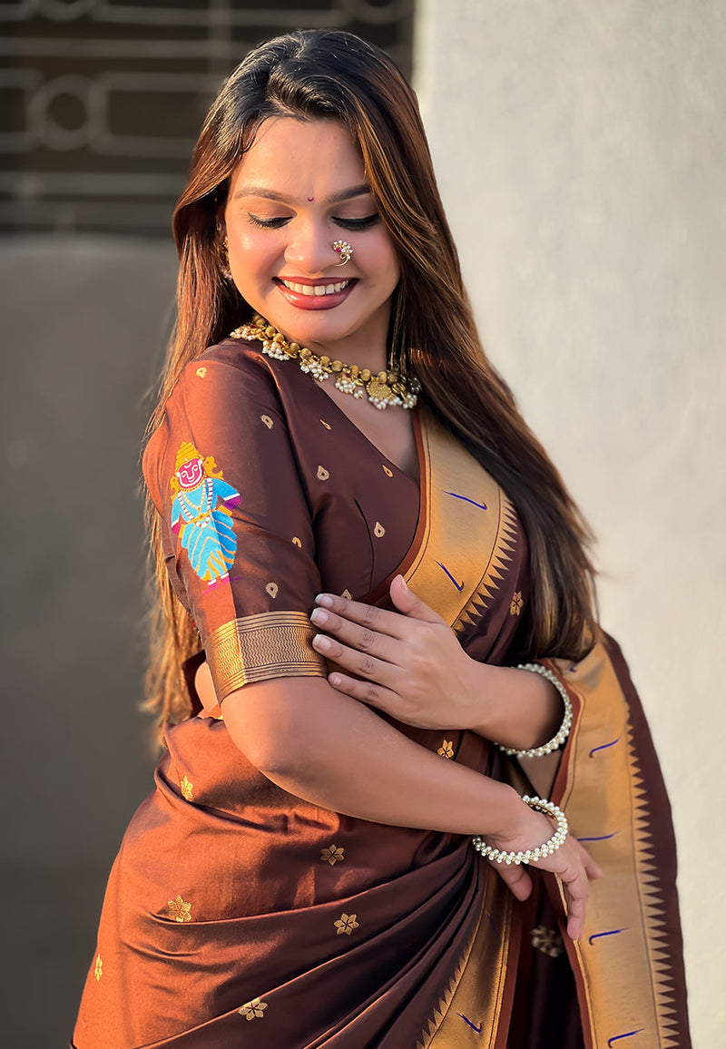 Coffee Zari Woven Vitthala God Special Paithani Silk Saree