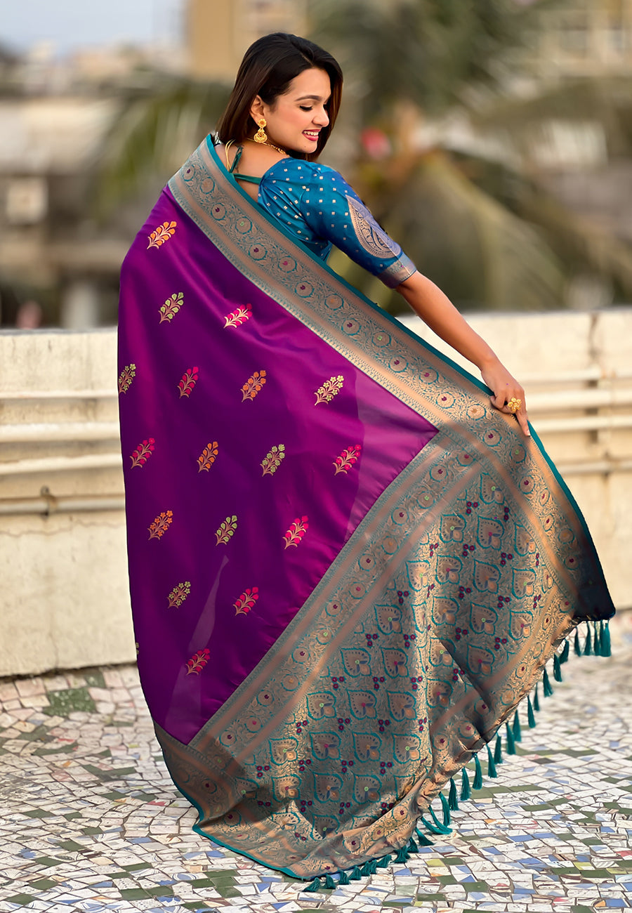 Wine Soft Silk with Flower Butta Meenakari Zari Woven Saree Banarasi Saree Anant Tex Exports Pvt.Ltd..