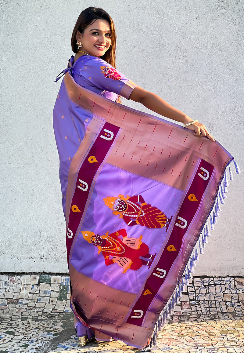 Lavender Green Zari Woven Vitthala God Special Paithani Silk Saree