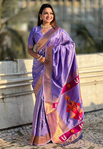Lavender Green Zari Woven Vitthala God Special Paithani Silk Saree