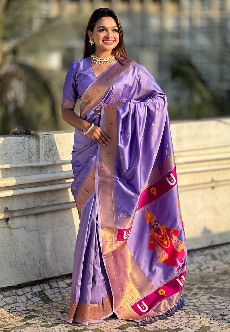 Lavender Green Zari Woven Vitthala God Special Paithani Silk Saree
