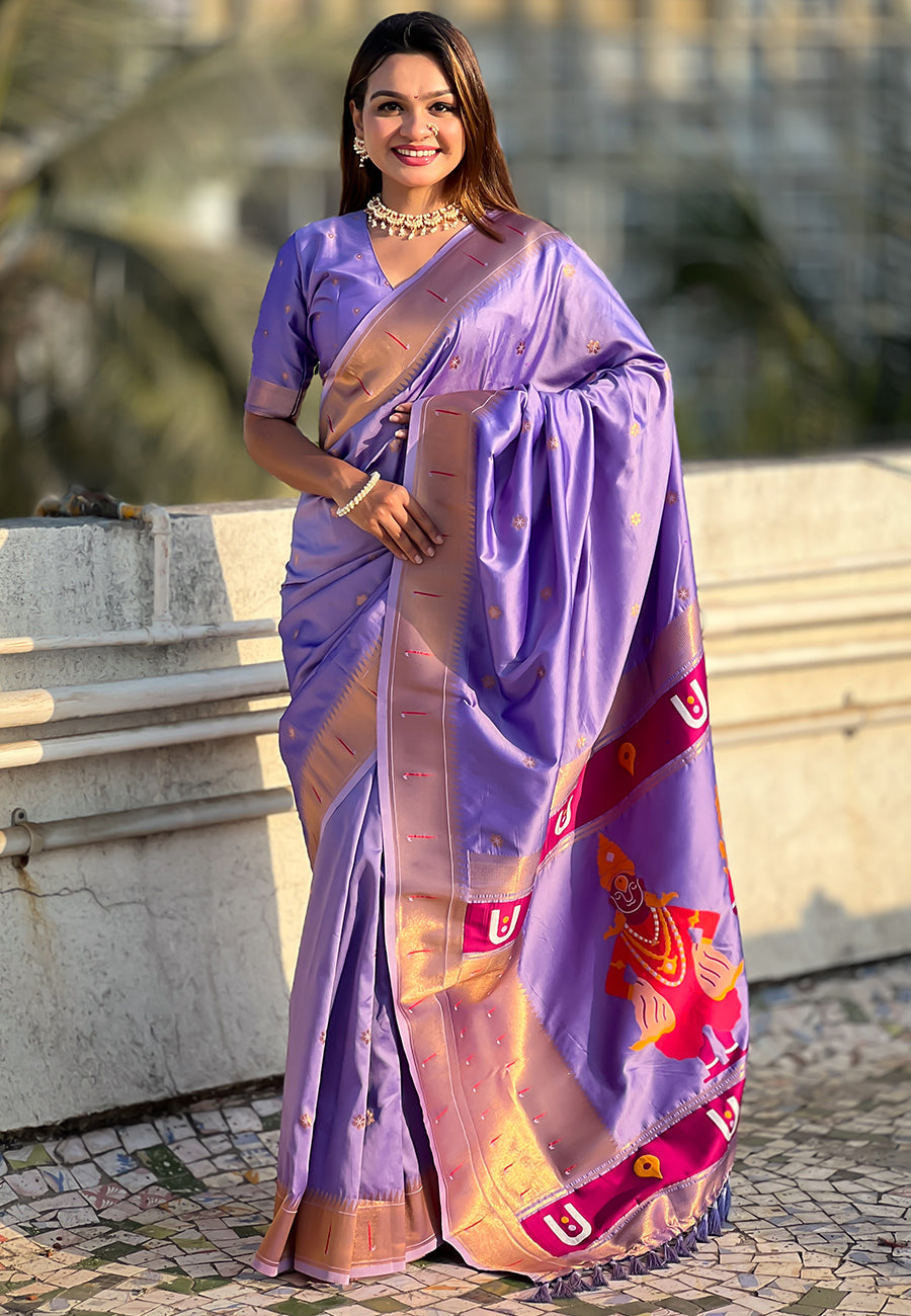 Lavender Green Zari Woven Vitthala God Special Paithani Silk Saree Banarasi Silk Saree Anant Tex Exports Pvt.Ltd..
