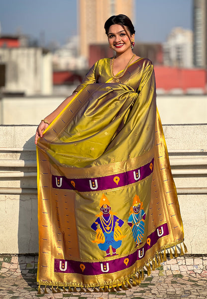 Mehendi Green Zari Woven Vitthala God Special Paithani Silk Saree Banarasi Silk Saree Anant Tex Exports Pvt.Ltd..