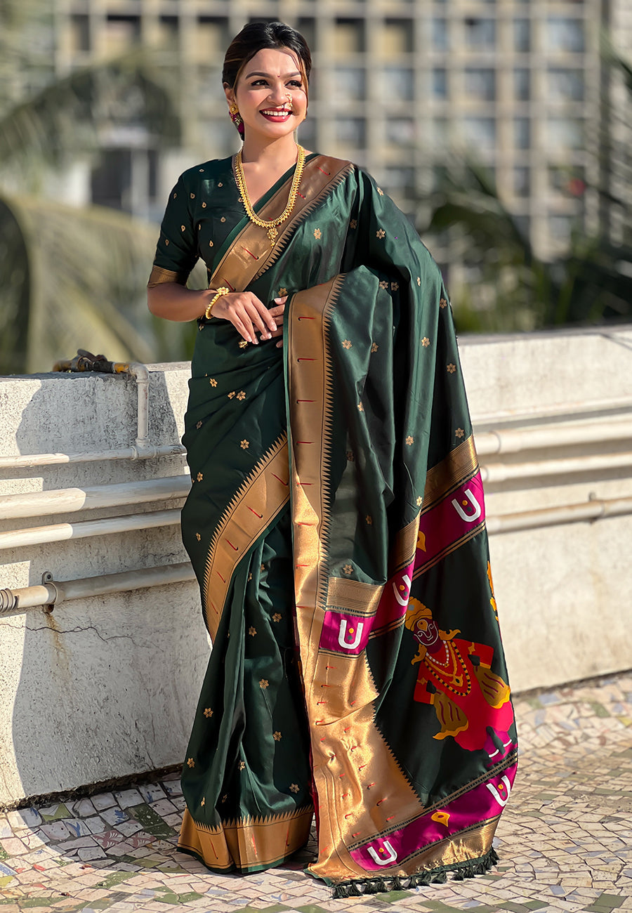 Bottle Green Blue Zari Woven Vitthala God Special Paithani Silk Saree Banarasi Silk Saree Anant Tex Exports Pvt.Ltd..