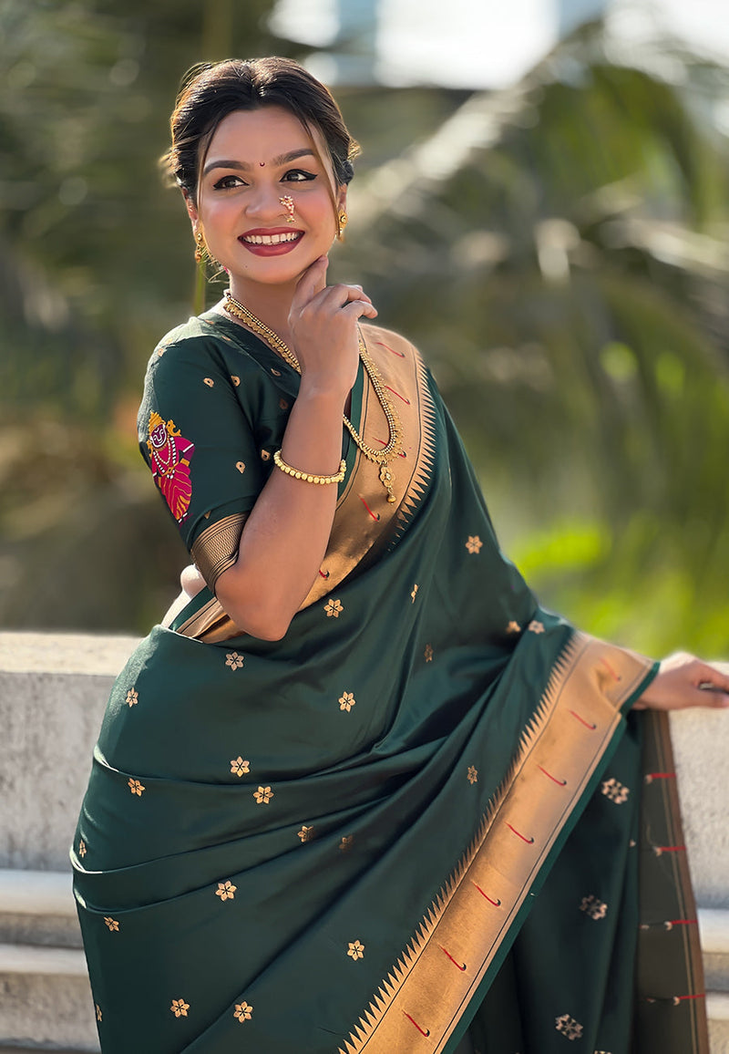 Bottle Green Blue Zari Woven Vitthala God Special Paithani Silk Saree