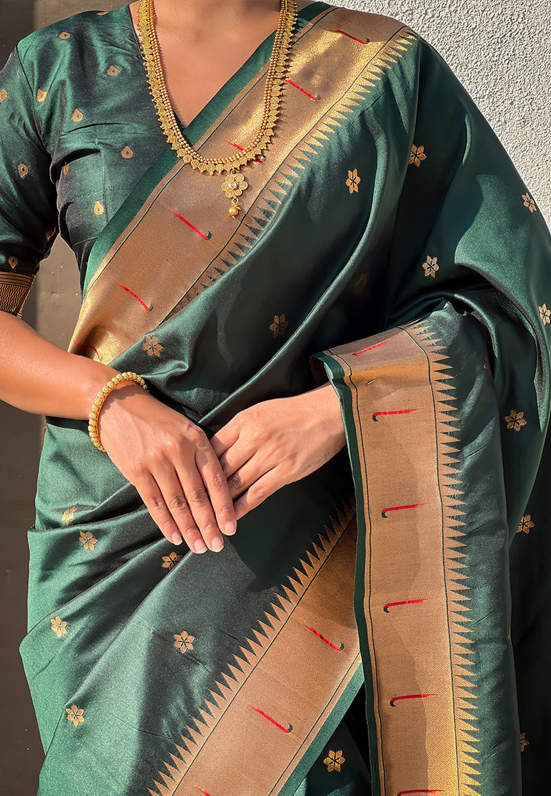 Bottle Green Blue Zari Woven Vitthala God Special Paithani Silk Saree