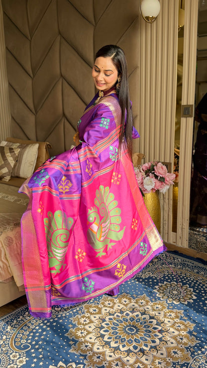 Violet Soft Silk Ikkat Zari Patola Soft Silk Saree