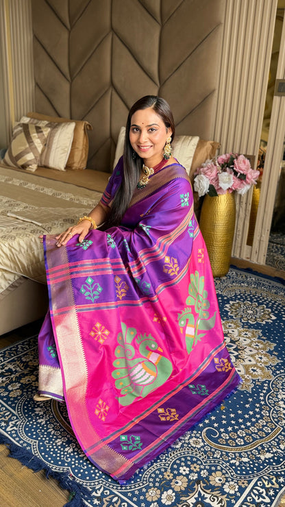 Violet Soft Silk Ikkat Zari Patola Soft Silk Saree