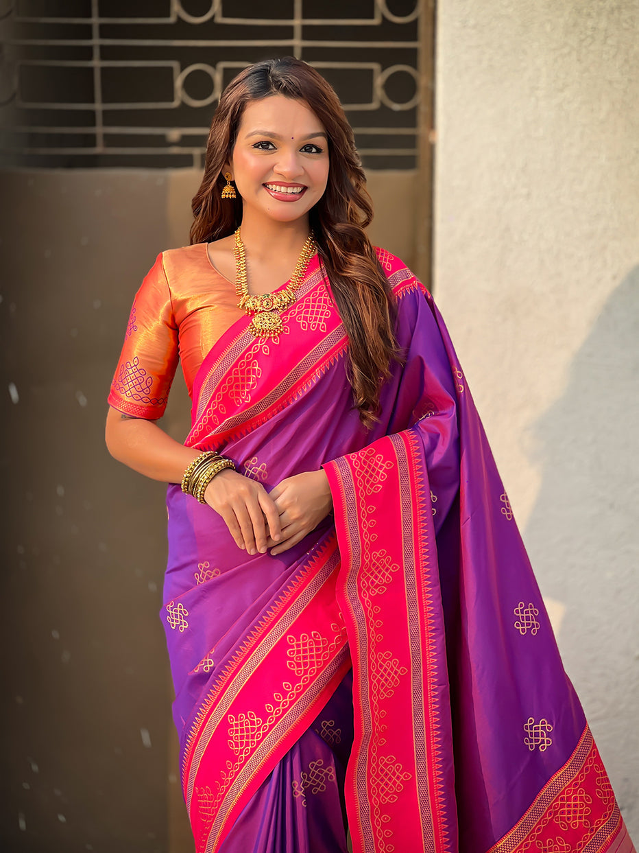 Purple Soft Silk Traditional Zari Contrast Soft Silk Saree