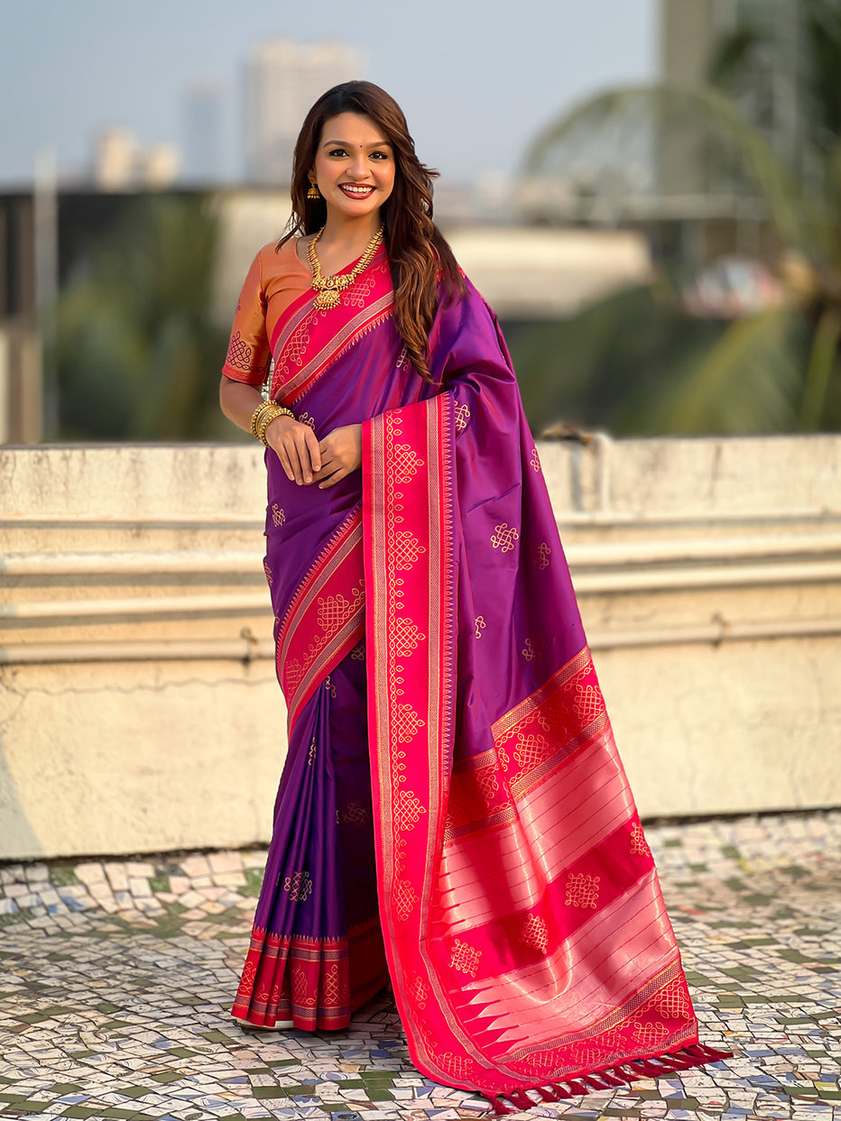 Purple Soft Silk Traditional Zari Contrast Soft Silk Saree