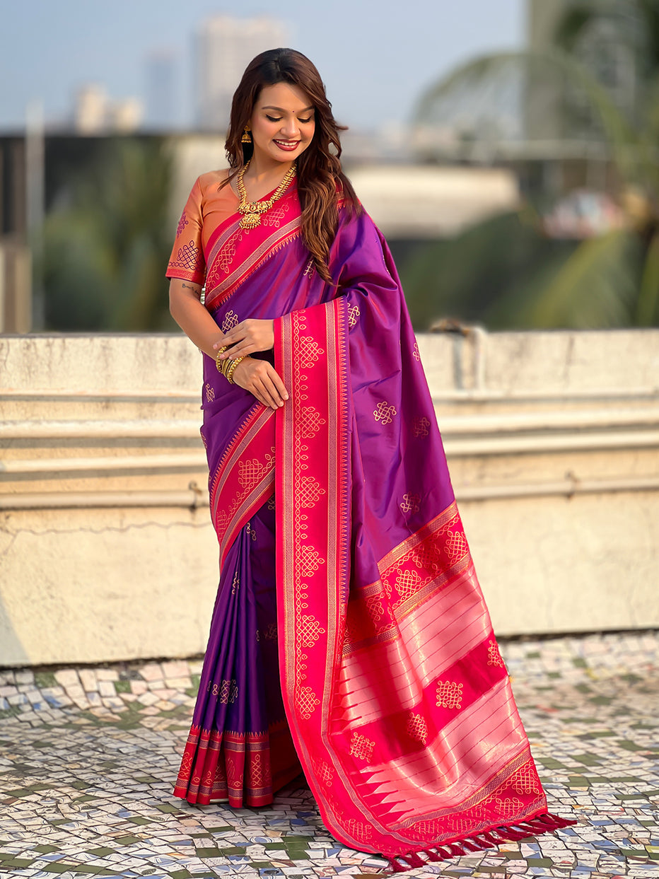 Purple Soft Silk Traditional Zari Contrast Soft Silk Saree