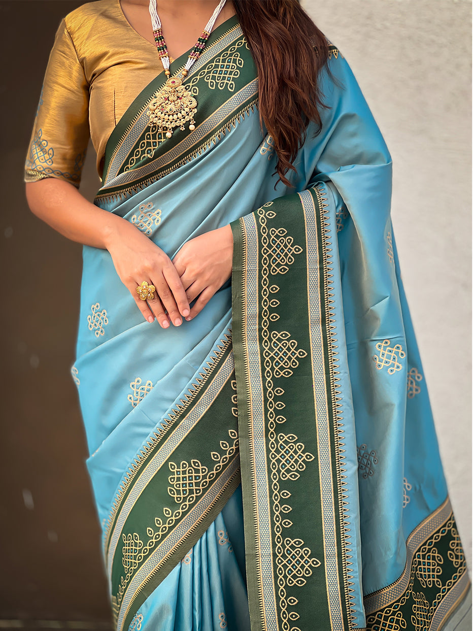 Baby Blue Soft Silk Traditional Zari Contrast Soft Silk Saree